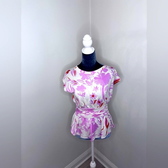 Anthropologie Tops - Anthropologie Pink & White Floral Print Top With Belted Waistband. Size Xs